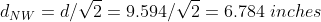 duw = d/V2=9.594/V2 = 6.784 inches