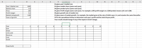 I G Year 1 Market size Market share Price Profit margin Market size growth Years of growth 1000 0.4 100 0.2 0.08 H I J K L M