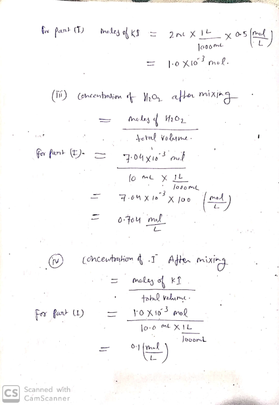 .. ..... . RLON HON D E R WERDE for part (1) males of KI = 2ml x 12 x 0.5 mol ) 1ooom - 1.ox 103 mol. (15) Concentration of H