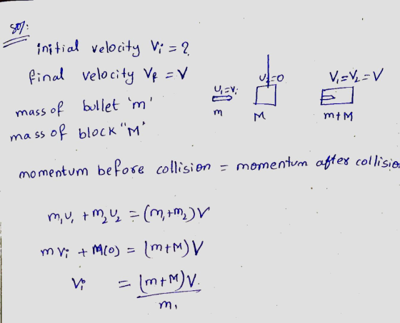 - initial velocity V; = ? final velocity Vp =V - UEV V = V₂ =V E I M .mt M mass of bullet m .. mass of blockM . momentum