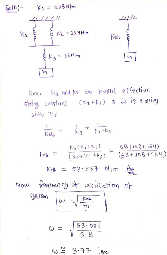 Soin- Kg = 108N/m Ka K2 = 15 4 NIM Kett Colee & K3 = 68N/m m Since Ka nd 12 are paillel effective spring constant CK1+k2) 8 i