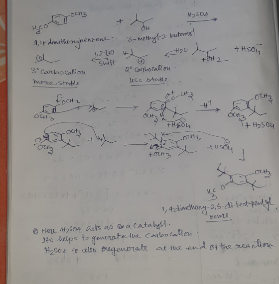 осна Нео, + Hoy + H2504 1,4 dimethoxybenzene, 3-methyl-2-butano) Ho L 1,2-[+13 HL 2 H2O Swift 6 a 3° Carbocation more stable