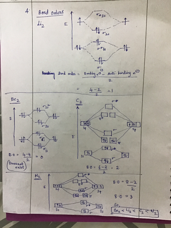 4 Bend orders 25 E s Bnd orde= Bonding Anti bonding e 2 4-2 Bea -4 -4t 2p B.o4-4 2s 6 2. Doenot exist BO= 6-2 = 2 N2 B.0 8-2