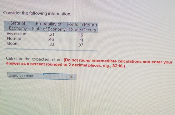Consider the following information: State of Probability of Portfolio Return Economy State of Economy If State Occurs Recessi