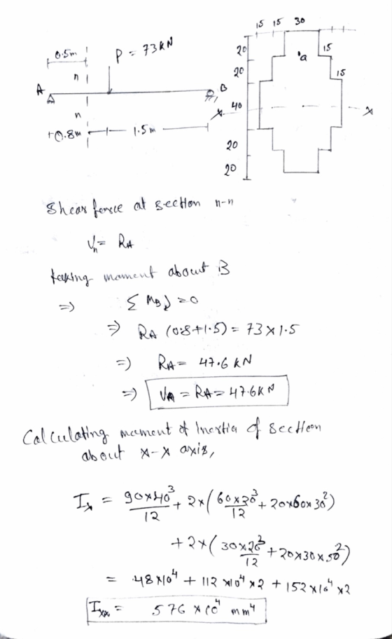 15 15 30 20 15 P = 73kN a 20 15 a 40 n * +0.8m 1.5m 20 20 Shear fenece and see hon n-n = ) taking moment about is E moj zo -