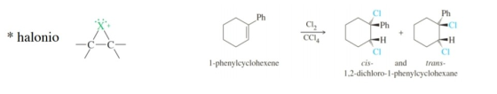 Ph Ph Cl2 CC CI Ph halonio + H -H CI CI 1-phenyleyclohexene cis- and trans 1,2-dichloro-1-phenylcyclohexane