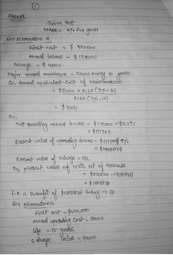 Guiven hal- Annual incor。는 $17 sooo Salvage 볕串90000. Majoy nnuel maintence oooo evey to yetis So Annual eq uivalent Cestaf M