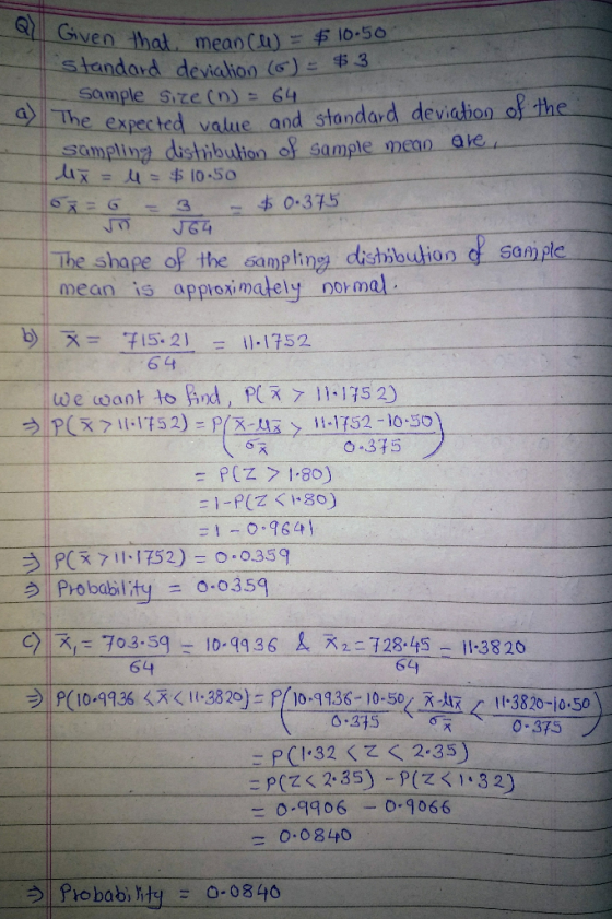 Given hat mean(tu standard devialioo Sample size (n) 64 the expected value and standard devichoo of the ple meCO ave 0-375 3