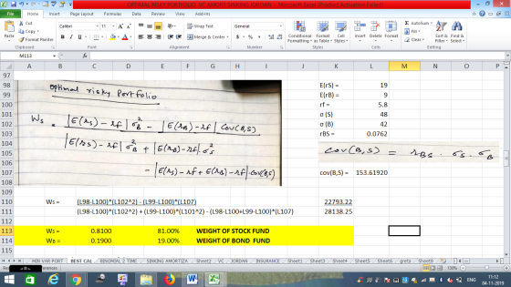 OPTIMAL RISKY POR VC AMORT SINKING JORDAN - Microsoft Excel (Product Activation Failed) Page Layout File Home Insert Formulas