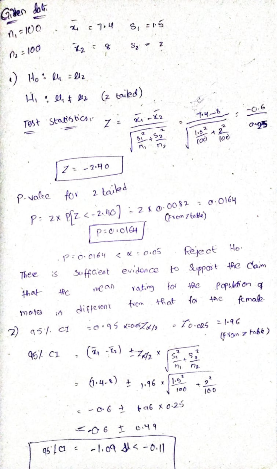 (2 t) + 742 Giden date = 7.4 S = 1.5 n, -100 8 82 2 Se + n=100 .) Ho: Ole = llz Hi all & 2 (2 tailed) -0.6 -74-8 Test Statist