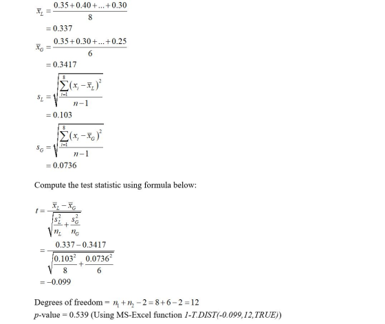 0.35 +0.40+...+0.30 8 = 0.337 0.35 +0.30+...+0.25 = 6 = 0.3417 (x, – F;) i=1 SL = n-1 = 0.103 8 (x; -c) i=1 SG - n-1 = 0.0736