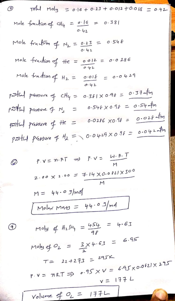 = 0.16 + 0.23 + 0.012 +0.01% = 0.42 Mole fraction of CH4 = 0.16 = 0.381 0.42 Mole fraction of N₂ = 0.23 = 0.548 0.42 mole fra