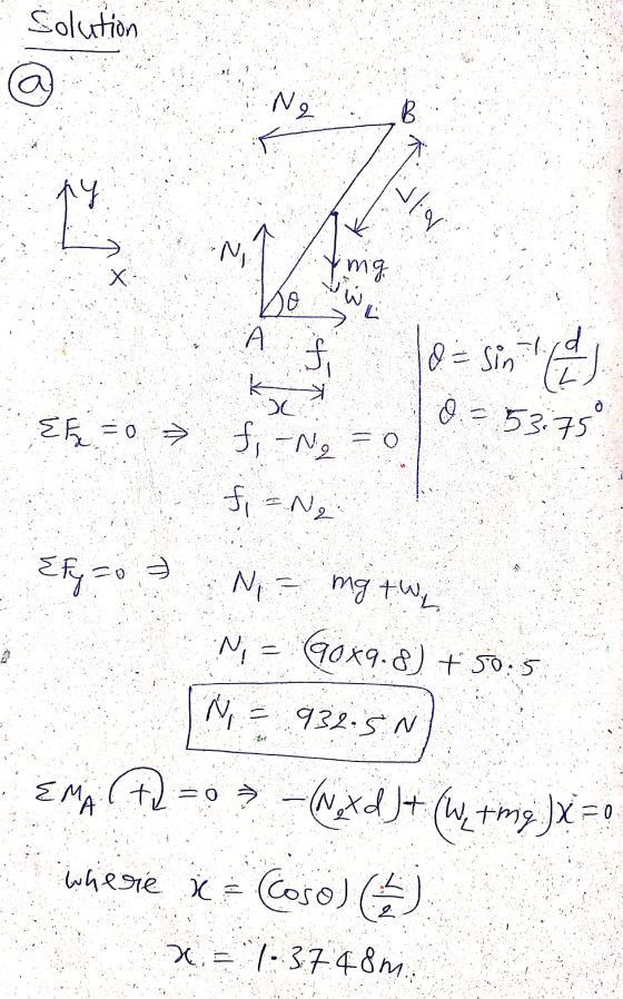 Solution Nq py llor Ni mg А d f o= sin til xo 0 = 53,75 EF = 0 > = f - Ne f = Ne Efy=0 N = mg twe N = 90x9.8) + 50:5 Ni 932.5