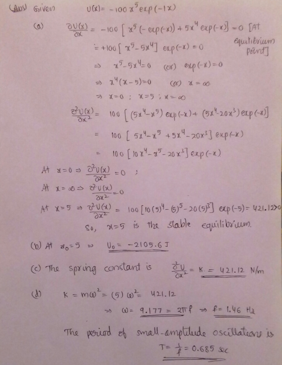 OU) equutibrium oxT x2 ,is the stable equilibiuwm γ (c) The sprung constant is U- K--y 21.12 N/m hepeuad e small -umptlude os