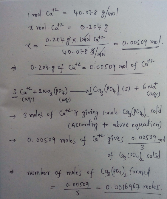 i mol cath = 40.078 g/mol x mol Cat2 = 0.204 g : 0.204 g x Imol Cath = 0.00509 mol. . 40.078 8 /mol - 0.204 g of Cat2 = 0.005