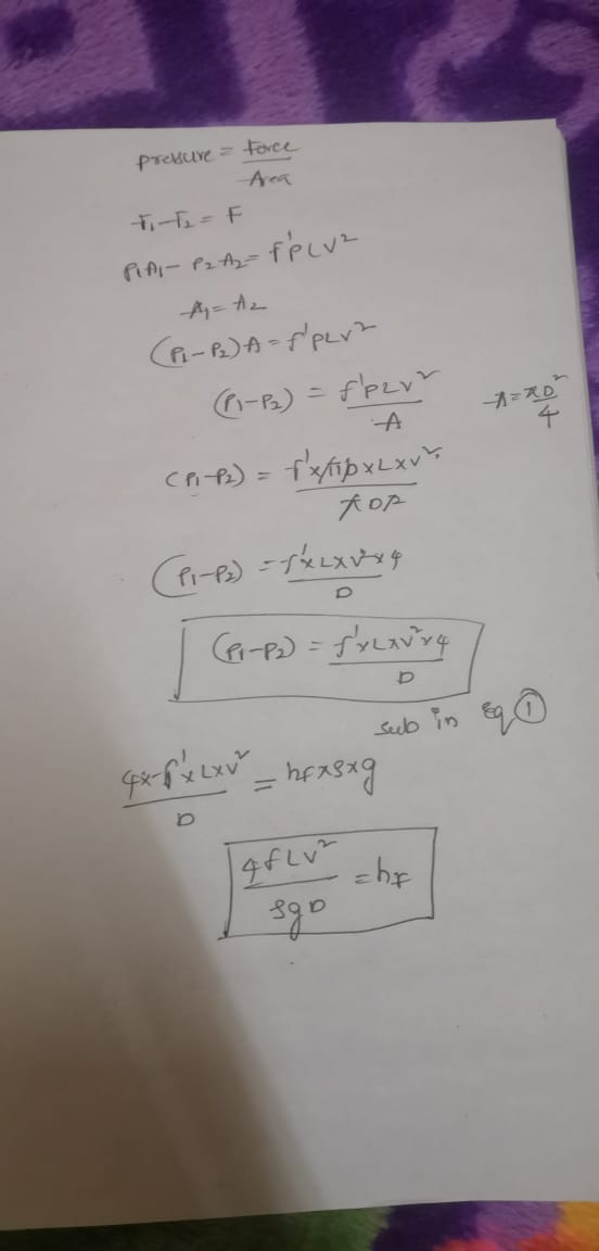 presure = Force Area tite = F PIAI - P2 Az = felva A=Az (P1-P₂) A = fpera (1-2) = fpeur ARD A (P1-P2) = txtpxLxv top (P1-P2