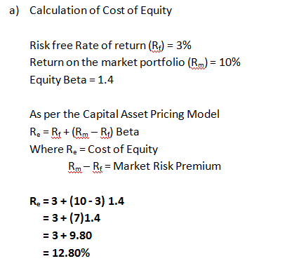 a) Calculation of Cost of Equity Risk free Rate of return (Rp) = 3% Return on the market portfolio (Rm) = 10% Equity Beta = 1