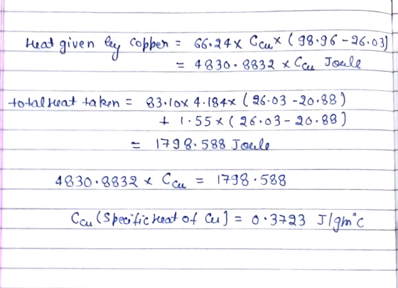 Heat given ley cobben = 66.24x Coax ( 98.96 -26.03) = 4830.8832 x Cu Joule total hat taken = 83.10x 4.184* ( 26.03 -20.88) +1