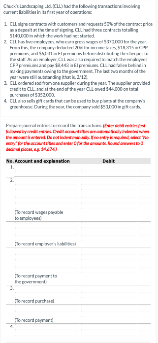 Chucks Landscaping Ltd. (CLL) had the following transactions involving current liabilities in its first year of operations:
