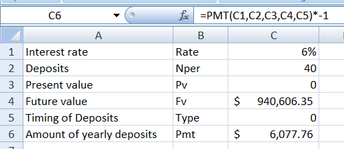 C60 6% A 1 Interest rate 2 Deposits 3 Present value 4 Future value 5 Timing of Deposits 6 Amount of yearly deposits =PMT(C1,C