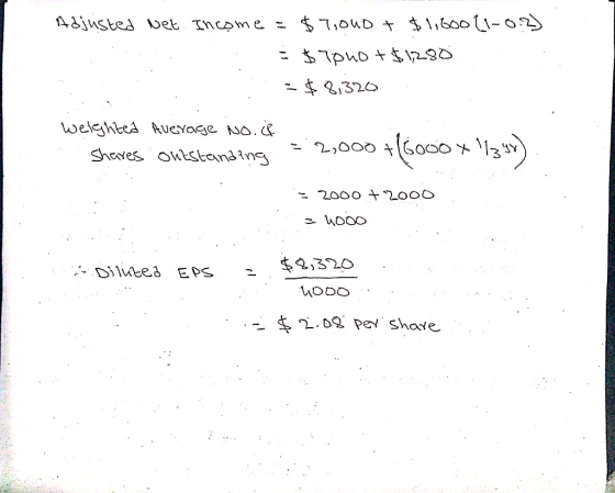 1,600 (1- 02 Adjnsted vet Tncome = $7,0uD -$7pho +$ \290 320 welghtea Aueyage No. & 2000 6O00 % Shaves owtctanding = 2000 +20