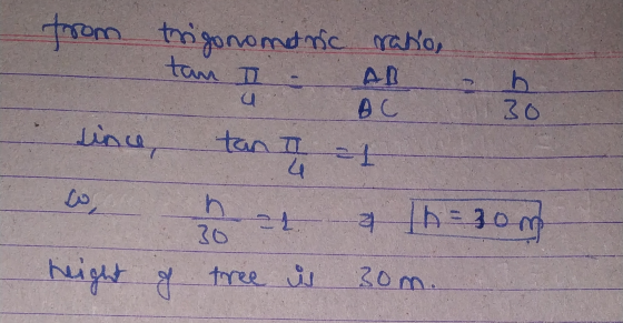 from trigonometric ratio, tam D b u AC 30 since, tan I = 1 4 3 7 th=300 30 2 height of tree is 30m.