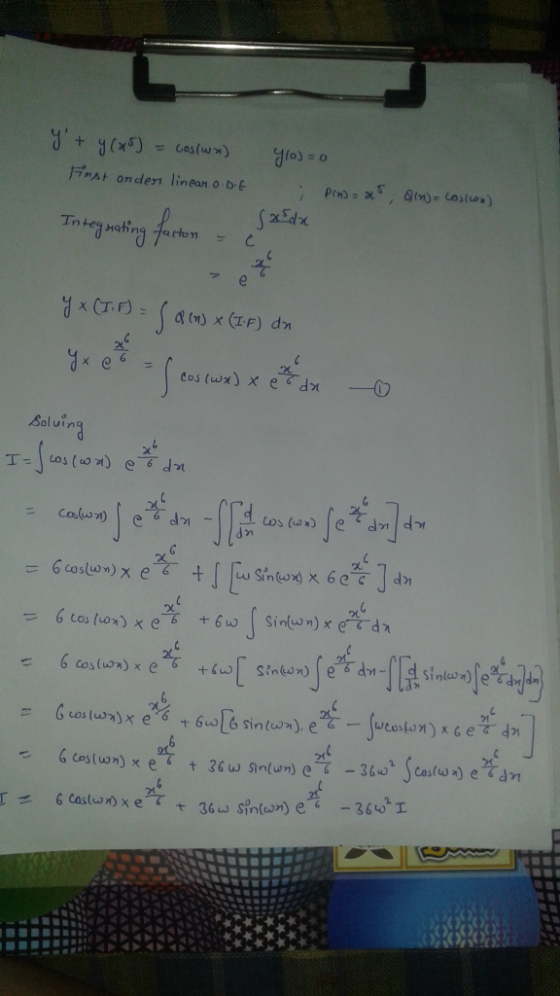 y + y(+5) = cos(wa) Finst onder linear o DE 10) = 0 i plas= 25, Qing= cos(oo) Integrating factor socdx yx (T. F) = ( 8m x (I