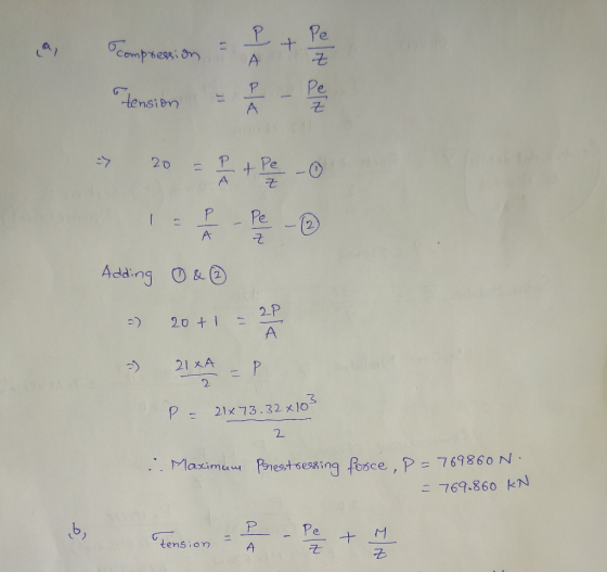 compression - А tension - 1 4 - Per -> 202 + PC Adding O& - 20+1 = 28 - 21 XA =P A 21x73.32x10- 2 ... Maximum Prestressing fo