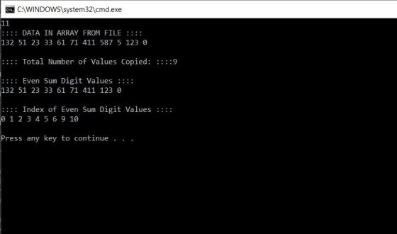 CAWINDOWS\system32\cmd.exe Ci. 11 :: DATA IN ARRAY FROM FILE : 132 51 23 33 61 71 411 587 5 1230 : :: Total Number of Values
