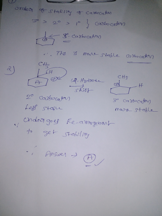order of stability 30 > 2° > of carbocation Cadbocation -Carbocation d. The is more stable Cabocation CHR 대 CH3 r a 12-Hydrid