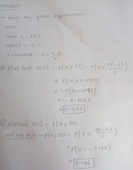 Solution from the given information, Here, Mean l = 63% std (6) - 11 % X ~Normal = 2 = x-1 - 63 a Plat least 75%) = pla => Pl