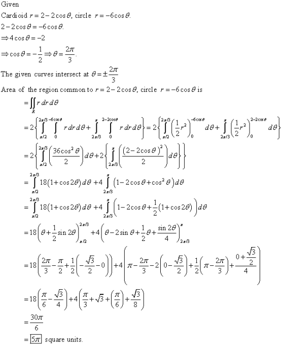 Given Cardioid r= 2-2 cos 8, circle r=-6cos. 2-2 cos 8 = -6 cosa. >>4cos A = -2 27 cos=- o= 2 3 21 The given curves intersect