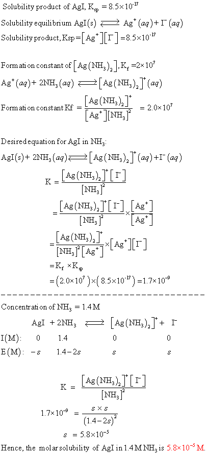 8.5x101 Solubility product of AgI, K Ag (aq)(a) Solubility equilibrium AgI(s) 8.5x107 Solubility product, Ksp= Ag Form ati o
