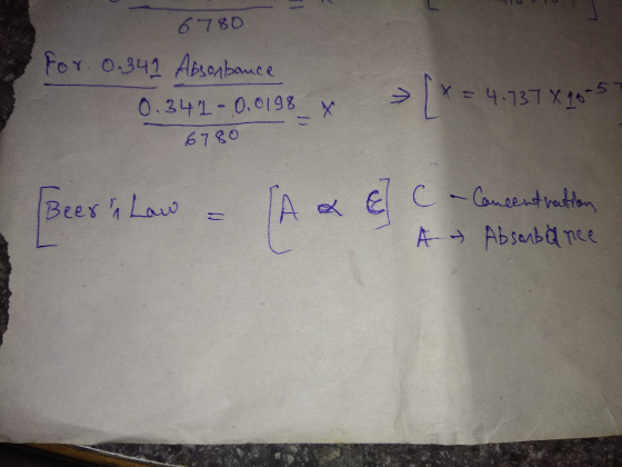 6780 For. 0.342 Absorbance 0.341 -0.0198 x = 4.737X18-5 6780 Beern Law = C- Concentration A- Absorbance