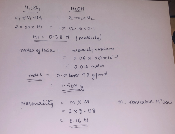 HeSO4 NaOH a1x VIXMI 1 x 20x MI 17 (X 32.16 XO MIE O-08M motarity molaityx volune meles Has04= 0.08x 20x103 0.016 moles 0.016
