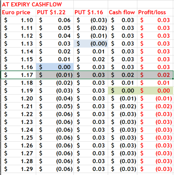 AT EXPIRY CASHFLOW Euro price PUT $1.22 PUT $1.16 Cash flow Profit/loss $ 1.10 $ 0.06 $ (0.03) $ 0.03 $ 0.03 $ 1.11 $ 0.05 $
