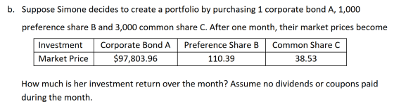 b. Suppose Simone decides to create a portfolio by purchasing 1 corporate bond A, 1,000 preference share B and 3,000 common s