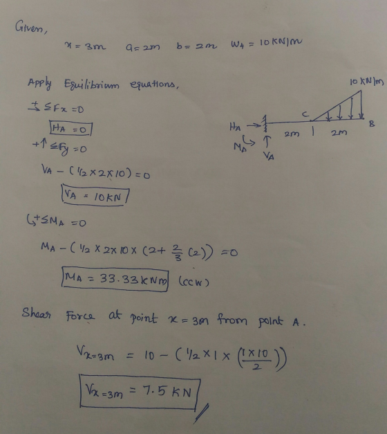 Given, 3m 92m b=am W4 = 10 kNm Apply Equilibrium equations, 10 kN/m & EFx=0 M THA=0 HA / B 2m +1 < Fy=0 جا VA VA - (1/2x2x10)