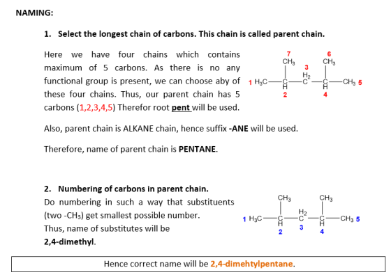 NAMING: 1. Select the longest chain of carbons. This chain is called parent chain. 7 CH3 6 CH3 H2 Here we have four chains wh
