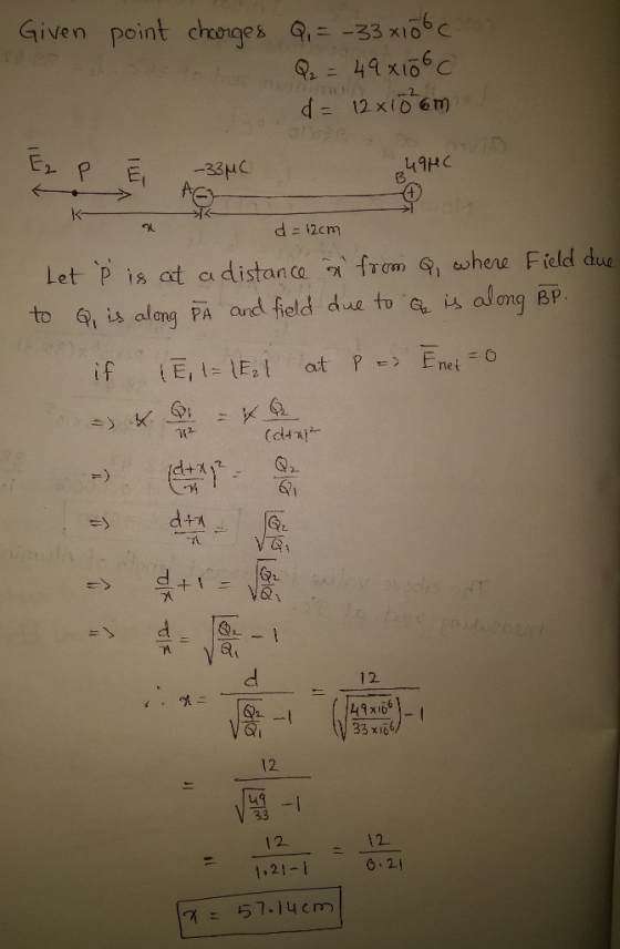 Given point chirges q, 33x106 C E -33HC L9HC 3 기시 Let p is at a distan ca fehene Fiold due to Q, is alang PA and field due to