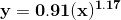 \bold{y = 0.91 (x)^{1.17}}