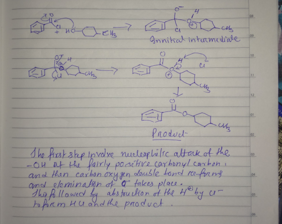 08 09 Onnitial intermediate 10 11 12 03 Product The first step involve nucleophilic attack of the -ou of the fairly positive