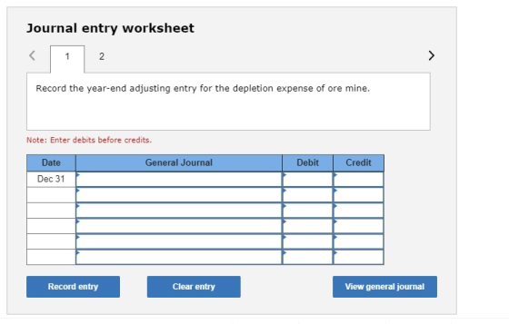 Journal entry worksheet Record the year-end adjusting entry for the depletion expense of ore mine. Note: Enter debits before