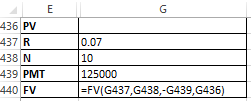 436 PV 0.07 437 R 438 N 10 439 PMT 125000 =FV(G437,G438,-G439,G436) 440 FV