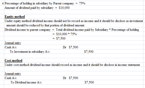 4 Percentage of holding in subsidiary by Parent company = 75% Amount of dividend paid by subsidiary = $10,000 Equity method U