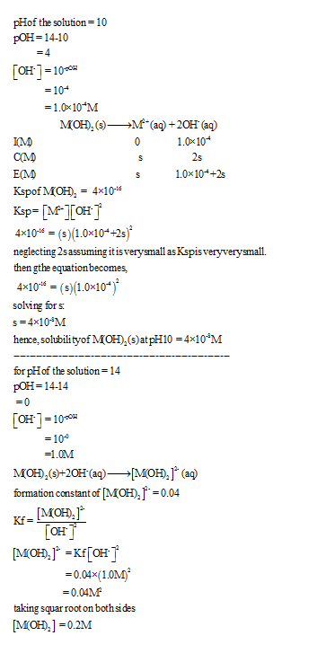 pHof the solution 10 pOH-14-10 [OH-7-10 = 10- 1.0 10 M MOH, (s)()+20H (aq) 1.0x 10 2s IM EQM Kspof MO416 10x10 +2s 4x104 = (