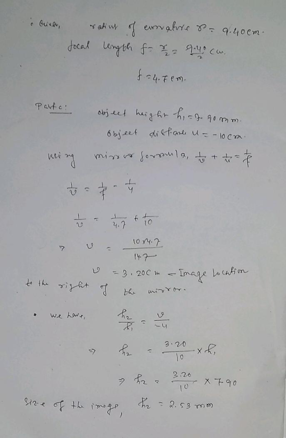 i buver, rading of ennakts de 8.40cm. focal length for 94 cm. Partei object 1. 90 mm height hit object distance U = - 10 cm.