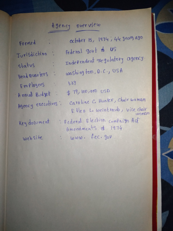 Agency over vie to gencyover vieto Formed Turisdiction fede ral govt d us status Head Qarters washing ton, 0.C., USA E mP loyees A nnunl BudgetTt loo ,oc0 usD Agency executives, caroline C, Hunterノchairwoman oclober , 1974 4 Jeary ago Independent gegulatory agency 3 39 Y, Chair wo mam Ellen L, weintraub vice chair key dotomentFederal Election cempaitn Adt oomam Amendments 74 web site