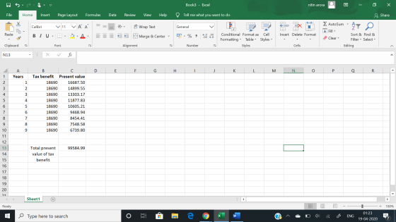 Book3 - Excel nitin arora - O X File Home Insert Page Layout Formulas Data Review View Help ? Tell me what you want to do Sha