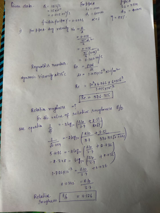 Criven data- Pipe B Q = 1845 20m L2=35m gomm dz 7 = 827 -1 For pipe. A +18X10-3 = 0.018m m3/s d = Gomm frictia factor f = 0.0